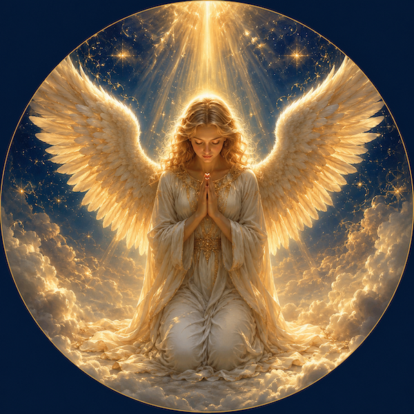 A guardian angel kneeling in prayer, bathed in golden heavenly light